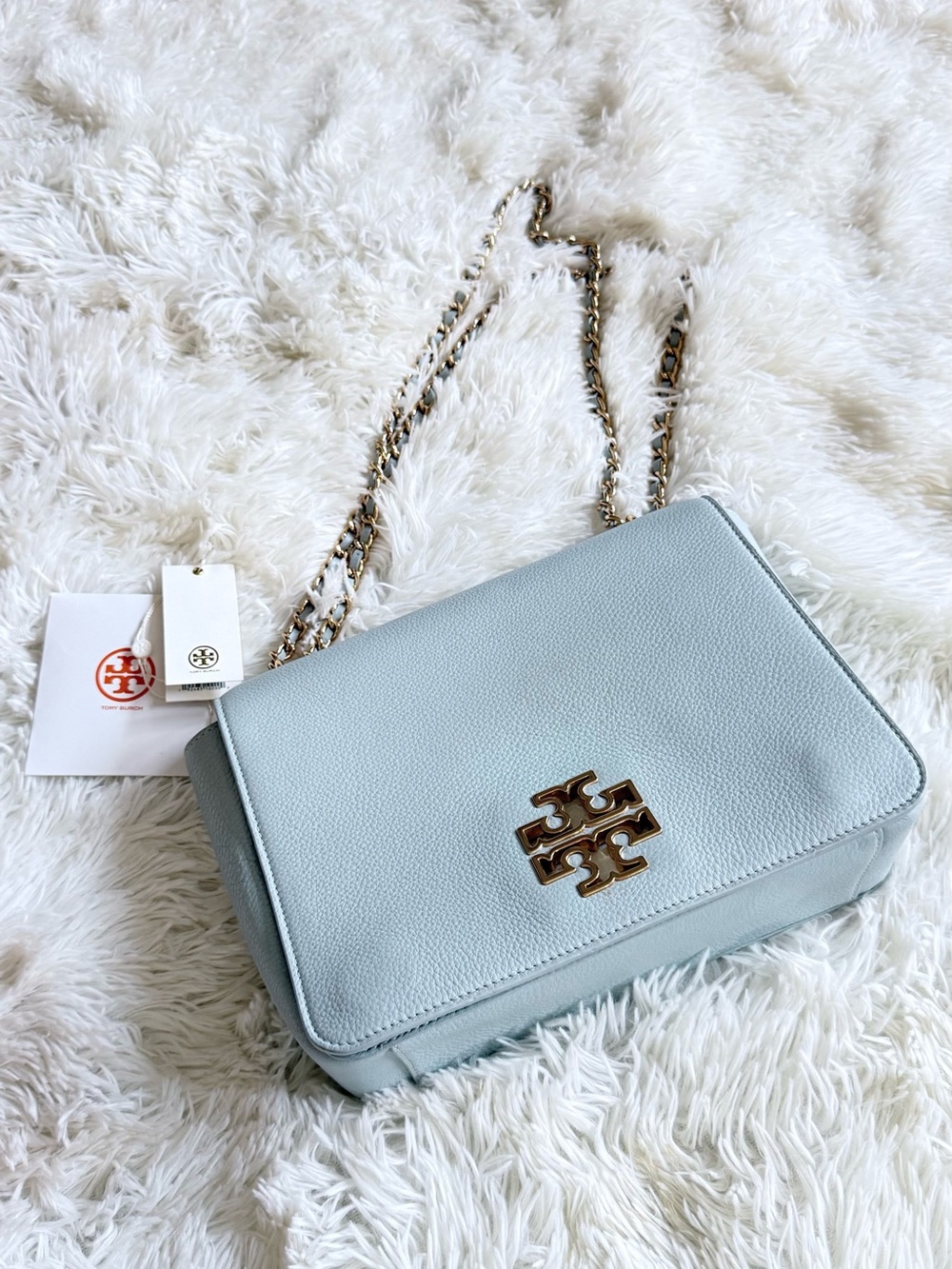Tory Burch Pale Blue Pebbled Leather Crossbody with Gold Logo